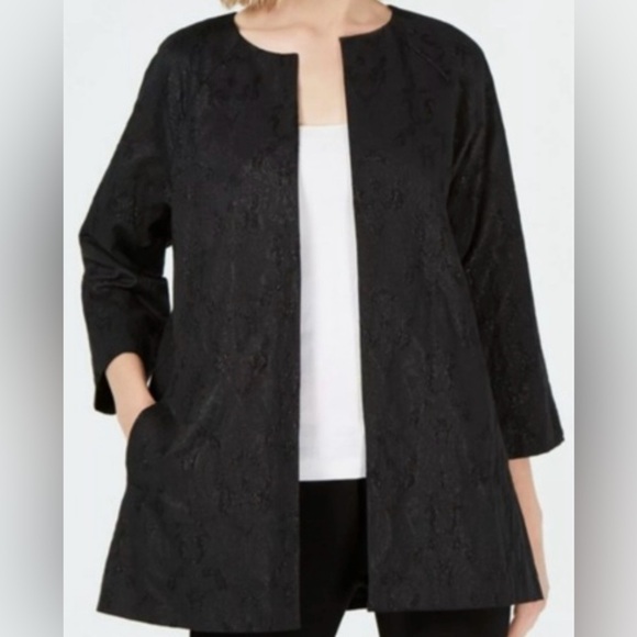 NWT EILEEN FISHER Jacquard‎ Embroidered Open Front Black Shimmer Blazer Size 2X - Picture 2 of 12